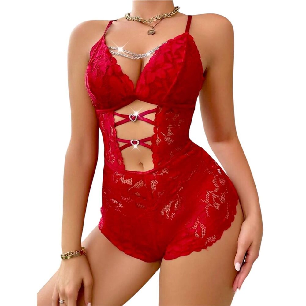 3562 Lace Teddy Lingerie Floral Romper with Heart Rhinestone Details